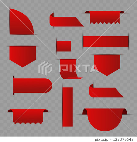 Realistic Red Ribbon Tags and Banners Collection on Transparent Background Vector 122379548