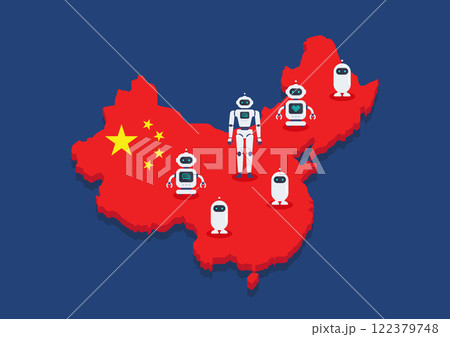 Robots are standing on china map. concept of Artificial intelligence generative war. Robots are standing on china map. concept of Artificial intelligence generative war. 122379748
