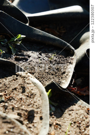 Textured Soil and Planters Bathed in Beautiful Natural Light Enhancing Their Appearance 122380307