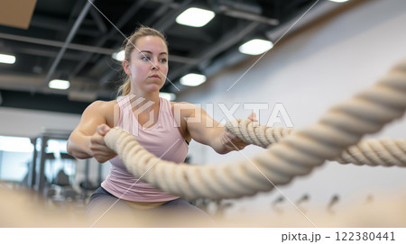 Woman training with ropes in motion in a modern gym setting 122380441