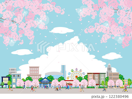 桜咲く春の街並みのイラスト. 街行く人々のイラスト. 桜咲く春の街並みのイラスト. 街行く人々のイラスト. 122380496