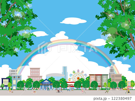 新緑の街並みイラスト. 街行く人々のイラスト. 122380497