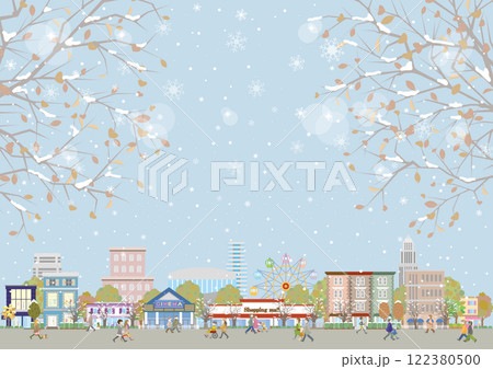 雪景色の街並みのイラスト. 街行く人々のイラスト.  122380500