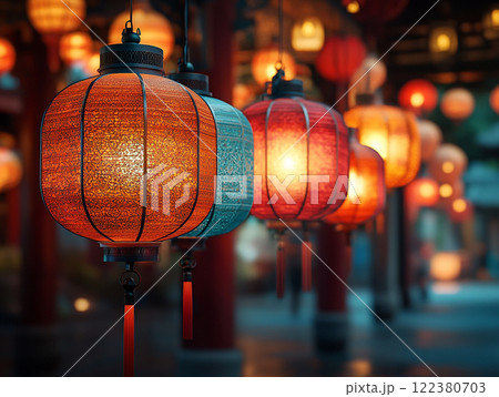 色鮮やかな提灯が彩る幻想的な夜景 122380703