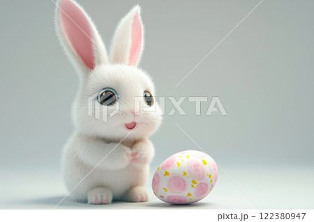 A cute Easter bunny sits beside a colorful Easter egg with a cross in the background, symbolizing the joy of Easter and its spiritual significance. The concept of celebration, faith, and new beginning A cute Easter bunny sits beside a colorful Easter egg with a cross in the background, symbolizing the joy of Easter and its spiritual significance. The concept of celebration, faith, and new beginning 122380947