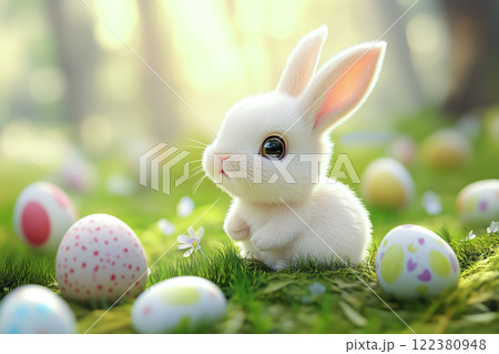 A cute Easter bunny sits beside a colorful Easter egg with a cross in the background, symbolizing the joy of Easter and its spiritual significance. The concept of celebration, faith, and new beginning A cute Easter bunny sits beside a colorful Easter egg with a cross in the background, symbolizing the joy of Easter and its spiritual significance. The concept of celebration, faith, and new beginning 122380948