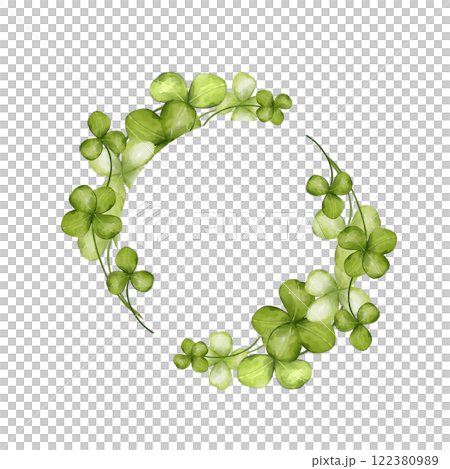 Green clover round frame. St. Patrick's Day. Shamrock. Isolated watercolor illustration on white background. 122380989