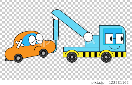 Illustration of a broken down car and a tow truck towing it Illustration of a broken down car and a tow truck towing it 122381162