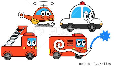 ハシゴ車、放水車、ヘリ、パトカーのイラスト 122381180
