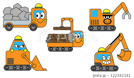 トレーラー、ダンプカー、ショベルカー、ハーベスターなどの働く車のイラスト 122381181