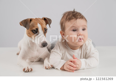 Cute baby boy and Jack Russell terrier dog lying in an embrace on a white background.  122381269
