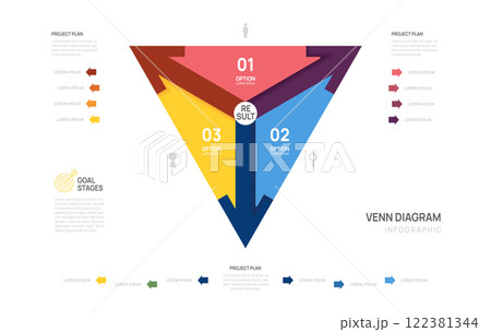 Venn diagram infographic triangle arrow chart template for business start up presentation with venn diagram elements vector illustration. 122381344