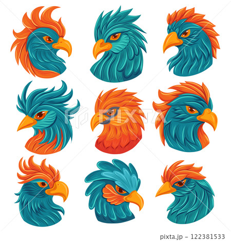 Vector collection of colorful bird portraits. Set of parrot heads in cartoon fantasy style. Hand drawn macaws 122381533