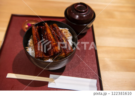 Eel teriyaki rice bowl or grill unagi don with miso soup. Japanese food 122381610