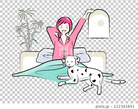 ベッドで起きる女性(ママ)と犬(ダルメシアン)爽やかな朝｜家族シリーズ 122381641