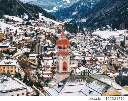 Aerial drone view of the Ortisei town covered in snow in northern Italy Aerial drone view of the Ortisei town covered in snow in northern Italy 122381712