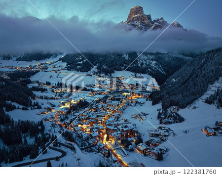 Aerial drone view of the Corvara village covered in snow Aerial drone view of the Corvara village covered in snow 122381760