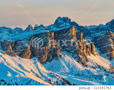Aerial drone view of snow on the mountains in the Dolomites Aerial drone view of snow on the mountains in the Dolomites 122381762