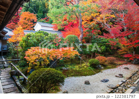 Fall garden with coloful leaves inside Nisonin temple, Arashiyama Fall garden with coloful leaves inside Nisonin temple, Arashiyama 122381797