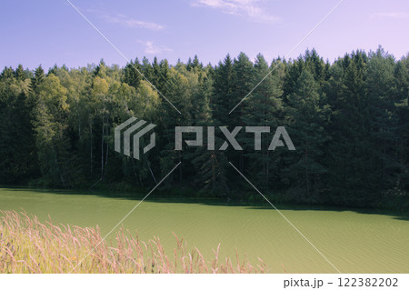 Picturesque view of a forest lake with clear water reflecting green trees and blue sky. The shore is covered with dense coniferous and deciduous trees. Film photography effect and grunge effect 122382202