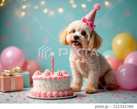 Cute dog celebrates birthday with cake, balloons, and party hat in festive atmosphere 122382366