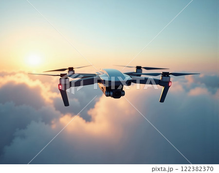 Drone flying through clouds at sunset over a serene landscape in the evening sky 122382370