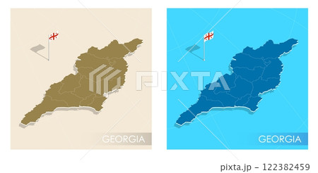 Georgia country flag installed on geographic positioning map point of country territory. Georgian commonwealth banner on land and sea. Festive patriotic HD format template for independence day 122382459