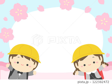 桜の花と花びらの春の背景イラストと入学式の小学生02 122382472