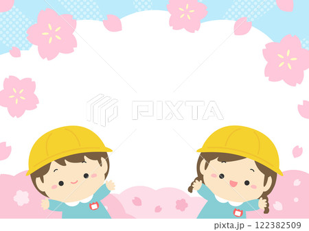 桜の花と花びらの春の背景イラストと入園式の幼稚園児 122382509