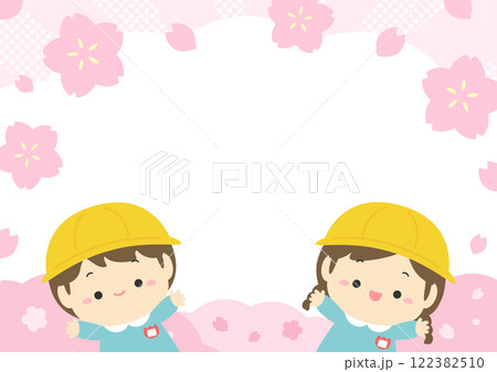 桜の花と花びらの春の背景イラストと入園式の幼稚園児02 122382510
