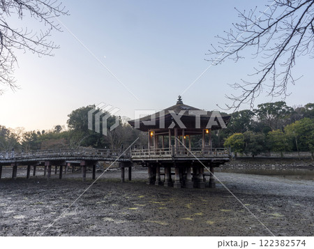 水位が下がった鷺池の浮見堂 122382574