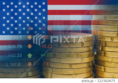 US America flag with stock market finance, economy trend graph digital technology. 122382673