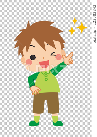 目標を指差す可愛い男の子のイラスト　全身　白背景　クリップアート　ベクター 122382842