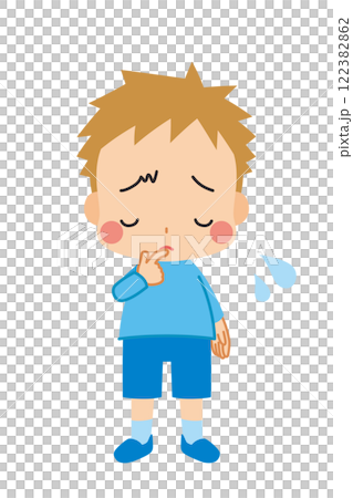 一個可愛男孩低頭沮喪的插圖，全身，白色背景，剪貼畫，向量 122382862