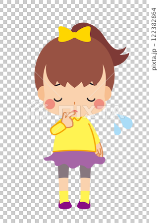 一個可愛的女孩低頭沮喪的插圖，全身，白色背景，剪貼畫，向量 122382864