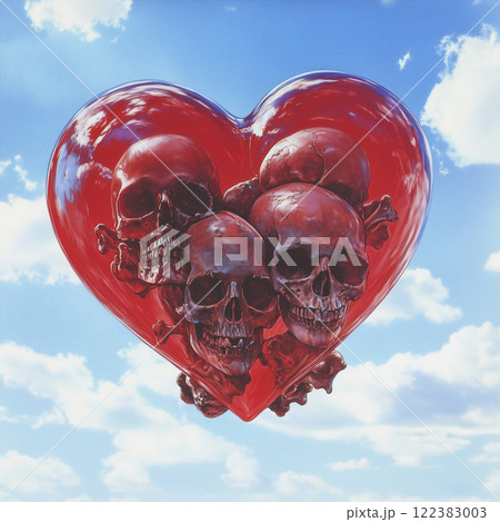 人間の頭蓋骨と骨が入った赤いハート型の彫刻が空に浮かんでいるの