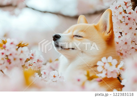 満開の桜に包まれる柴犬 春の香りを感じるひととき 満開の桜に包まれる柴犬 春の香りを感じるひととき 122383118