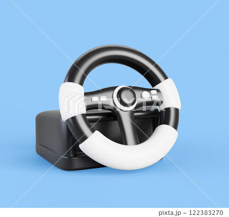 3d gaming driving steering wheel, controller for computer video games, car simulator and arcade racing. Realistic render of videogame equipment, electronic device for sport race on pc. 3D illustration 3d gaming driving steering wheel, controller for computer video games, car simulator and arcade racing. Realistic render of videogame equipment, electronic device for sport race on pc. 3D illustration 122383270