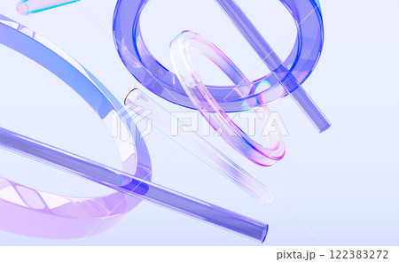 Abstract holographic 3d background with glass transparent circular rings and tubes render. Iridescent crystal light geometric pattern. Fashion banner with floating gradient figures. 3D illustration 122383272