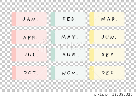 Set of sticky note illustrations for the 12 months of the year 122383320