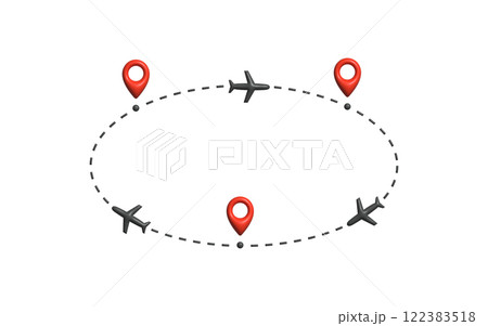 Airplanes flying along circular dashed route with multiple location markers, symbolizing global travel, airline networks, round-trip flights for tourism, aviation, logistics. Vector illustration. 122383518