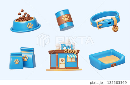 3d pet shop building exterior, food and accessories cartoon render icon set. Animal store facade, cat or dog bowl, bed, collar, feed in can and package bag, isolated design elements. 3D illustration 3d pet shop building exterior, food and accessories cartoon render icon set. Animal store facade, cat or dog bowl, bed, collar, feed in can and package bag, isolated design elements. 3D illustration 122383569