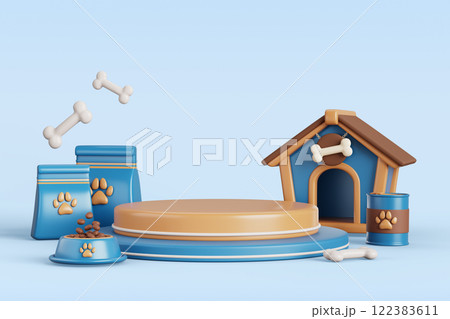3d pet shop podium with dog house, food and accessory for domestic animals render. Petshop business with pedestal, feed bag, tin can, bowl and bone for sale or product presentation. 3D illustration 3d pet shop podium with dog house, food and accessory for domestic animals render. Petshop business with pedestal, feed bag, tin can, bowl and bone for sale or product presentation. 3D illustration 122383611