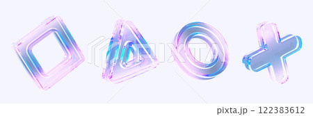 3d glass holographic transparent square, triangle, circle, cross on light background render icon set. Abstract geometric shapes with rainbow color effect, neon pink blue gradient. 3D illustration 122383612