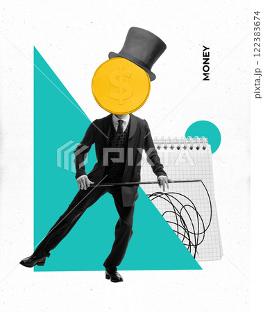 Conceptual art design. Gentleman with coin as head, dance near graph paper and MONEY text, symbolizing finance, control. Conceptual art design. Gentleman with coin as head, dance near graph paper and MONEY text, symbolizing finance, control. 122383674