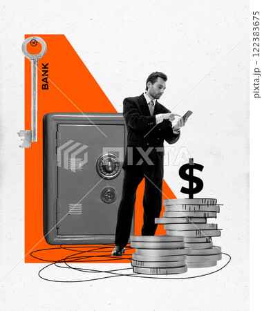 Modern art collage. Businessman in suit checking phone near safe and coins with BANK, emphasizing security, savings, and banking systems. 122383675