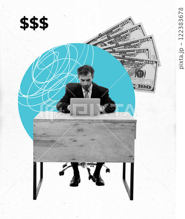 Conceptual art design. Man working on laptop at desk with cash in background money signs as professionalism and efficiency in financial management. Conceptual art design. Man working on laptop at desk with cash in background money signs as professionalism and efficiency in financial management. 122383678