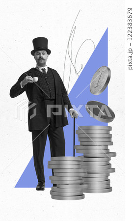 Modern art collage. Businessman in vintage attire with coffee near coins, showing balanced approach to savings and steady economic growth. 122383679