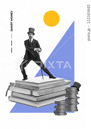 Modern art collage. Man in vintage style balancing on books with coins near SMART MONEY, symbolizing financial success through knowledge and strategic planning. 122383685