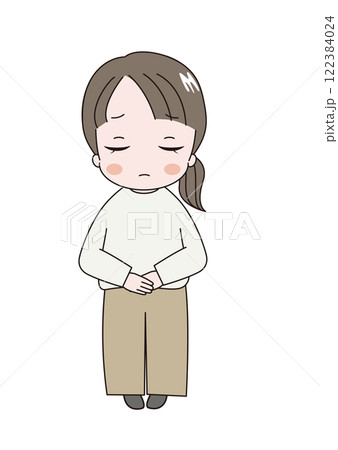 悲しそうな顔で立っているかわいい成人女性のイラスト 122384024